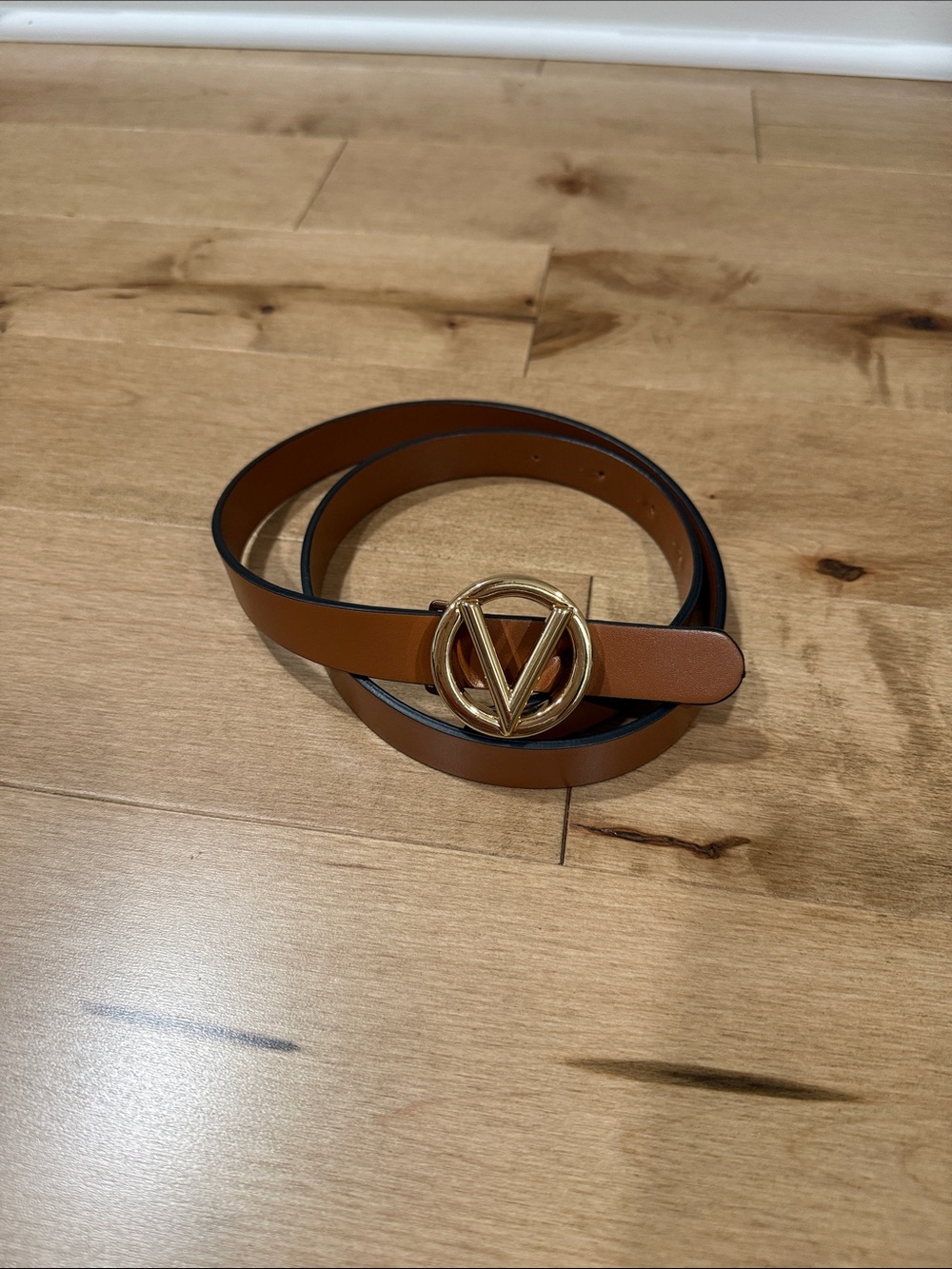 Valentino Belt Women Small Brown Leather Gold VLogo Circle Buckle Designer